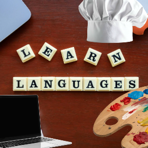 Learn Languages with an image of a palette, cooking hat, and computer